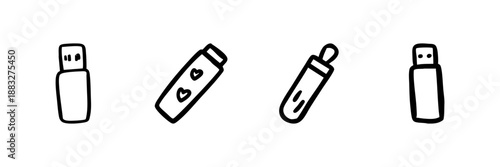 Usb Flash Drive And Lip Balm Line Icon Set In Doodle Style. Data Storage, Personal Care, And Beauty Essentials Outline Sketch Collection. Hand Drawn Isolated Vector Illustration