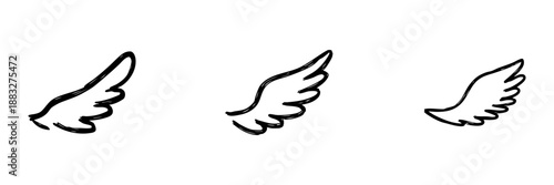 Three Angel Wings Line Icon Set In Doodle Style. Freedom, Spirituality, And Imagination Outline Sketch Collection. Hand Drawn Isolated Vector Illustration