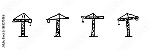 Construction Cranes Line Icon Set In Doodle Style. Building And Engineering Equipment Outline Sketch Collection. Industrial Machinery And Infrastructure Development. Hand Drawn Vector Illustration