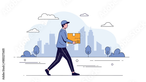 Illustration of a delivery man in a blue uniform and cap walking through a city park while carrying a cardboard parcel box.