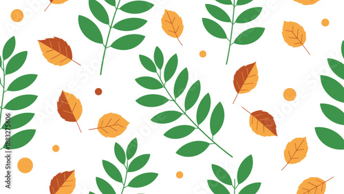 Colorful autumn leaf pattern featuring green compound leaves and various shades of orange and yellow single leaves on a white background.