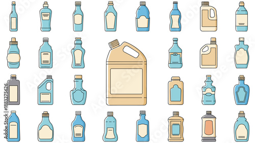 Large collection of various plastic containers and bottles representing household chemicals, detergents, and personal care products.