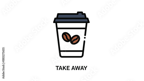 Minimalist icon of a take away coffee cup featuring a black lid and two coffee beans on the label with text written below.