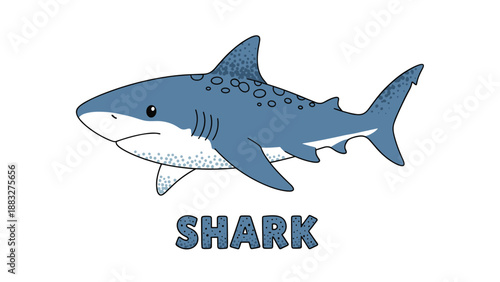 Friendly cartoon illustration of a blue and white shark with the word SHARK written in textured bold letters below.