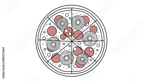 Top view line art illustration of a whole pizza divided into slices with toppings like pepperoni, onions, and mushrooms.