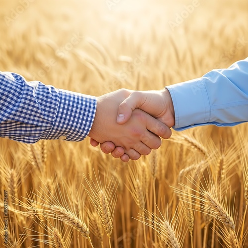 A handshake between farmers in a vast field of ripe golden wheat during a bright, sunny afternoon or sunrise.