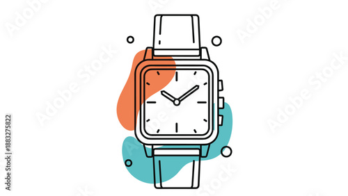 Stylized linear icon of square wristwatch featuring minimalist watch face and colorful abstract shapes behind the dial on white background.