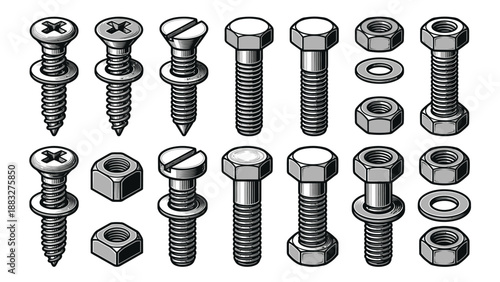 Collection of various metal screws, bolts, nuts, and washers in a detailed illustration.