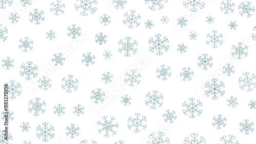 Seamless pattern featuring various light blue hand drawn snowflakes scattered across a clean white background for winter theme designs.