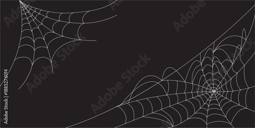 Corner Cobweb, isolated on black, transparent background. Spiderweb for Halloween design. Spider web elements, spooky, scary, horror halloween decor.