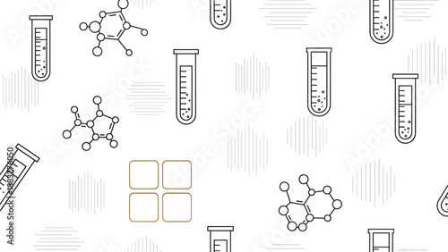 Scientific themed seamless pattern featuring line art illustrations of test tubes, chemical molecules, and abstract geometric shapes on white.