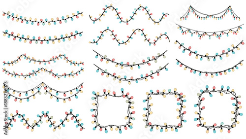 Assortment of decorative string light illustrations in various shapes and colors including straight lines, waves, and square frames.
