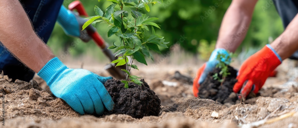Fototapeta premium People work together to plant new trees in a garden, using gloves and focused on the task in an outdoor setting