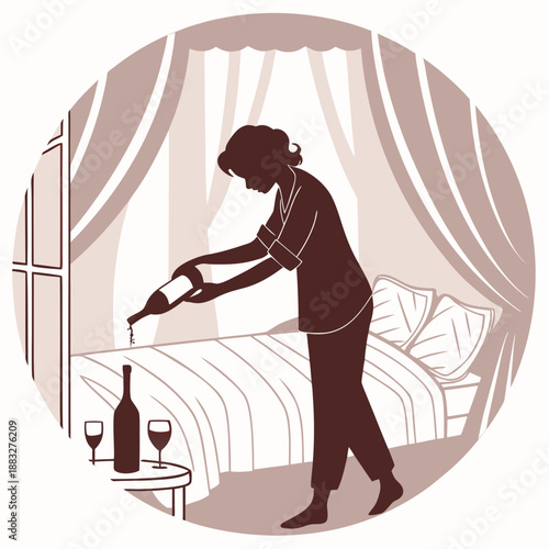 A minimalist illustration of a hotel staff member pouring wine in a room