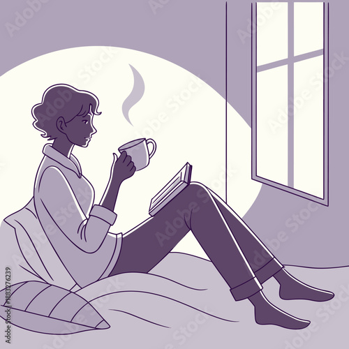 A woman sits by a window with a cup of coffee and a book