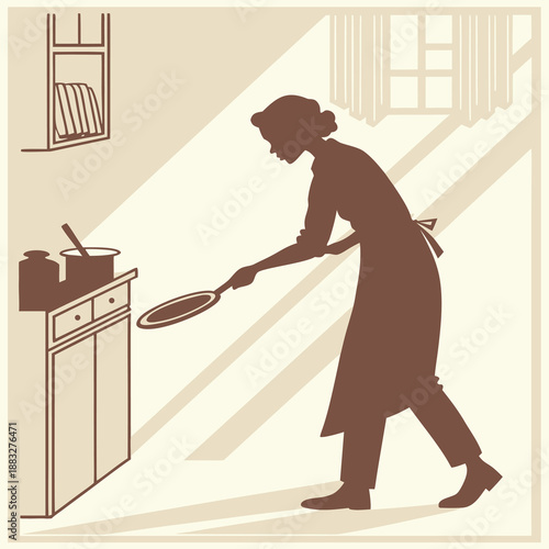 A woman in a kitchen preparing food with a frying pan