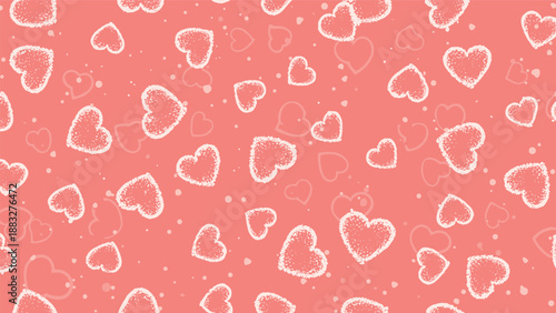 Romantic seamless pattern featuring many white chalk style hearts and faint outlines floating on a soft coral pink background for love themes.