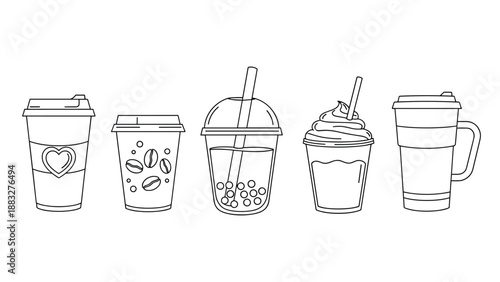 Collection of minimalist black and white line art icons for various beverages including coffee, bubble tea, and a frozen drink with cream.