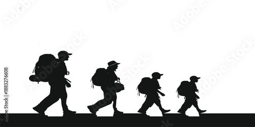 Silhouette of a happy family with two children hiking together outdoors with backpacks against a clean white background, concept of summer vacation adventure and travel