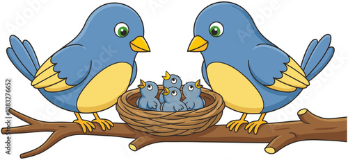 Two Happy Blue Bird Parents Watching Over Four Hungry Baby Chicks Sitting in a Brown Nest on a Tree Branch