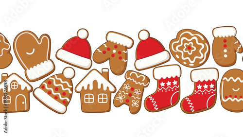 Delightful border composition of various Christmas gingerbread cookies including mittens, hats, houses, and stockings on a white background.
