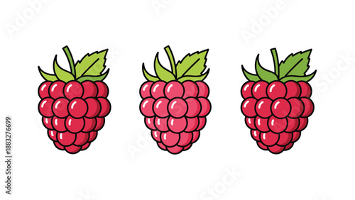 Trio of vibrant red raspberry icons with green leaves and black outlines set against a clean white background for fruit and berry themes.