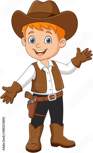 Happy Cartoon Cowboy Boy Character Wearing Brown Hat and Leather Gloves Waving his Hand for a Western Wild West Adventure