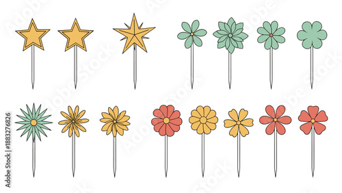 Set of decorative food picks or toppers featuring various colorful stars and flower shapes in pastel green, yellow, and red tones on white.