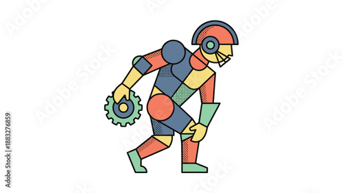 Colorful robot figure holding gear, ready for action, futuristic design, mechanical concept.