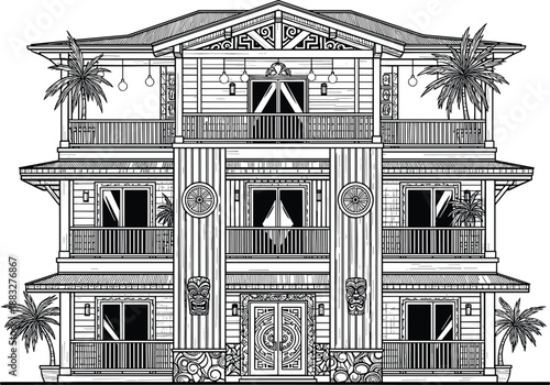 Luxury tropical villa facade with balconies, palm trees, and ornate wooden details illustrated in detailed black and white architectural line art