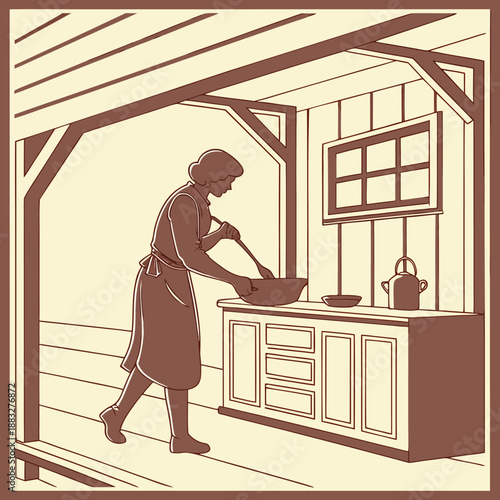 A woman cooking in a rustic kitchen with a large bowl and utensils