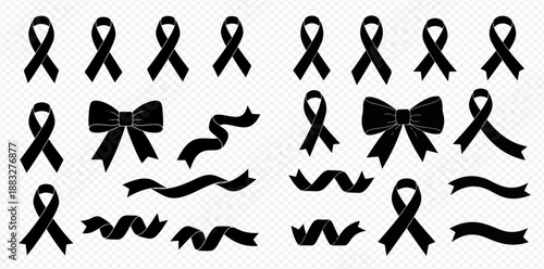 Set of black awareness ribbons, mourning bows, and curved ribbons for various occasions.