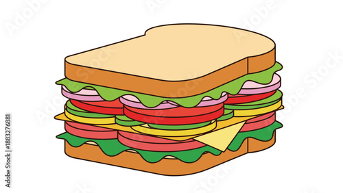 Detailed colorful illustration of a very tall multi layered sandwich filled with lettuce, tomatoes, cheese, onions, and various meats.