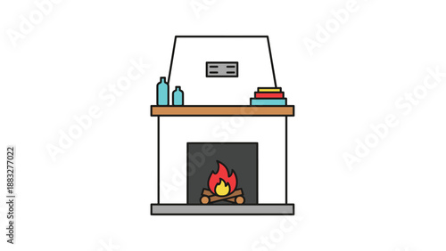 Cozy indoor fireplace illustration with a burning log fire and decorative items like bottles and books on the wooden mantelpiece.