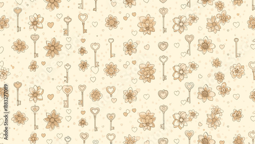 Delicate vintage style pattern featuring ornate skeleton keys, small hearts, and soft brown flowers on a light cream background.