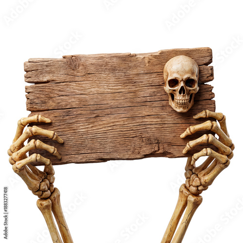 A skeleton hand holding a blank wooden board, decorated with a skull, perfect for Halloween or spooky themes.