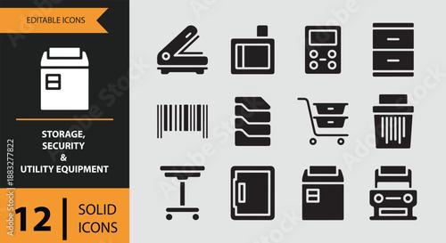 Versatile solid icons depicting various storage, security, and utility tools for efficient business operations