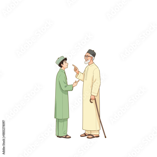 Two men in traditional attire interacting.