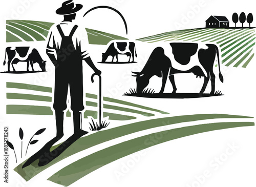 Farmer With Cows In Green Rolling Fields overalls cane