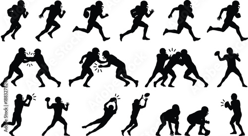 Black And White Vector Silhouette Set Of American Football Players Running Passing Catching And Tackling For Sports Competition Design Projects (20 words)