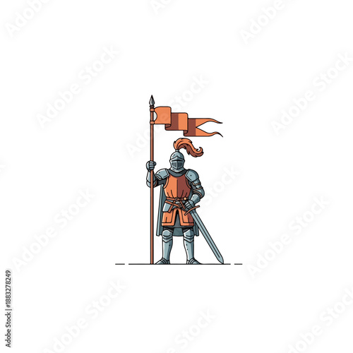 Medieval Knight Standing Proudly Holding a Flag and Sword.