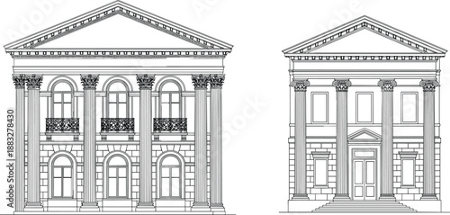 Neoclassical building facades with columns and pediments illustrated in detailed black and white architectural line art isolated on white background