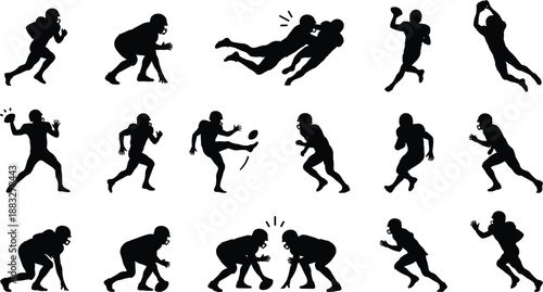 Black and white vector silhouette set of American football players, including athletes running, kicking, tackling, and throwing for sports design (20 words)
