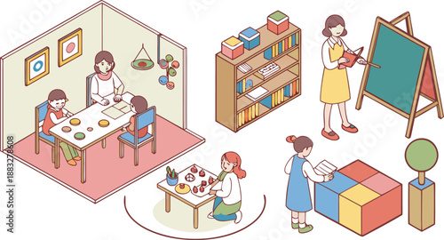 Isometric kindergarten. isometric 3D vector illustration set of kindergarten and daycare activities, featuring teachers and young children interacting in a classroom and playroom environment.  