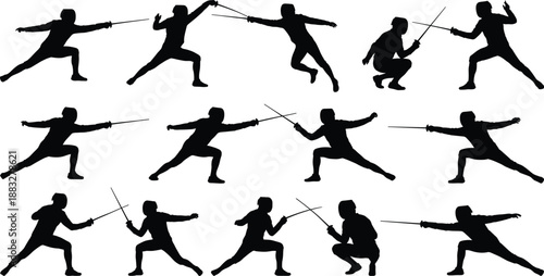 Black And White Vector Silhouette Set Of Fencing Athletes Featuring Combat Action Poses En Garde Lunging And Parrying For Sports Projects (20 words)
