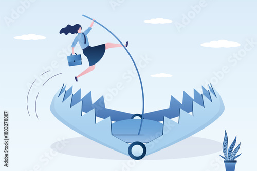 Strong businesswoman uses pole vault and jumps over animal trap. Control risk management. Avoid risks and problems. Business Woman jumping out of a trap. business concept