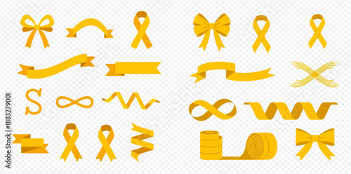 Collection of yellow ribbons, bows, and banners in various shapes and styles on a transparent background.