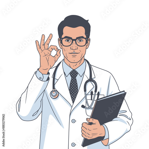 Confident doctor in glasses with stethoscope showing okay gesture holding a clipboard.