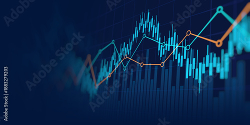 financial chart with uptrend line candlestick graph in stock market on blue color background