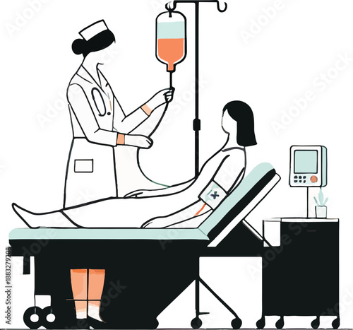 Nurse administering IV drip to patient in hospital bed